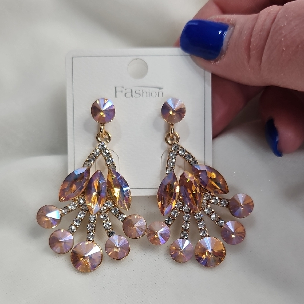 Elegant Crystal Rhinestone Light Pink AB Colorful Drop Earrings Prom Party NWOT